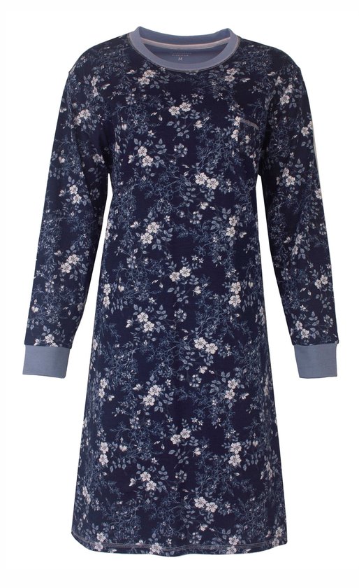 Donkerblauw nachthemd met lange mouwen en een all-over bloemenprint. Blauwe boorden aan mouwen en hals.