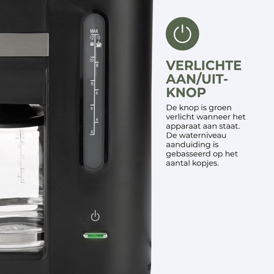 Cafetière Bourgini Elements – 1,5 L (10 à 12 tasses) – Plaque chauffante – Arrêt automatique – Lavable au lave-vaisselle – 50 % de matériaux recyclés (certifié GRS)