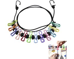Elastische waslijn, draagbare regenboog waslijn met 12 clips voor reizen, vakantie, buiten, kamperen, slaapzaal (zwart) 1,8 m