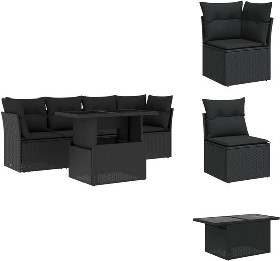 Ensemble de salon en rotin noir avec table réglable, comprenant un canapé, une chaise d'angle, une chaise et une table.