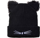 Bonnet oreilles de chat – Chaud pour l'hiver – Joli bonnet chat pour Filles et femmes – Zwart brodé – Cadeau de Saint-Valentin