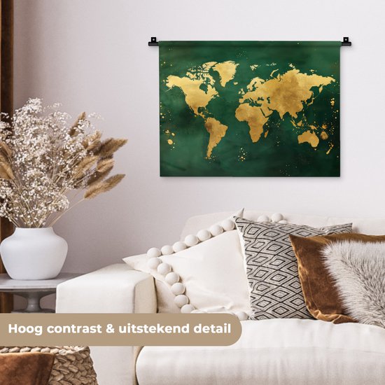 Wandkleed 60x45 cm - Wanddoek Wereldkaart - Groen - Goud - Wandtapijt - Wandkleden