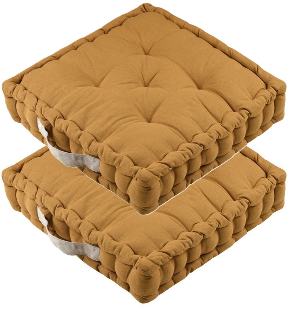 Stof Textile Vloerkussen DUO - 2x - mosterdgeel - katoen - 45 x 45 x 10 cm - vierkant - Extra dik - extra zitplaatsen - spelen - gamen - relaxen Mosterd geel
