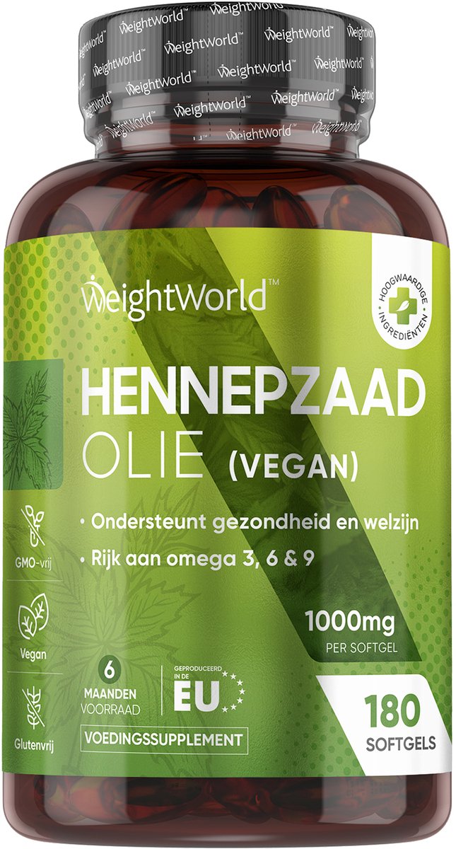 Goedkoopste WeightWorld Vegan Omega 3-6-9 capsules - Essentiële omega-vetzuren uit hennepzaadolie - 1000 mg - 180 softgel capsules voor 6 maanden - Met vitamine E