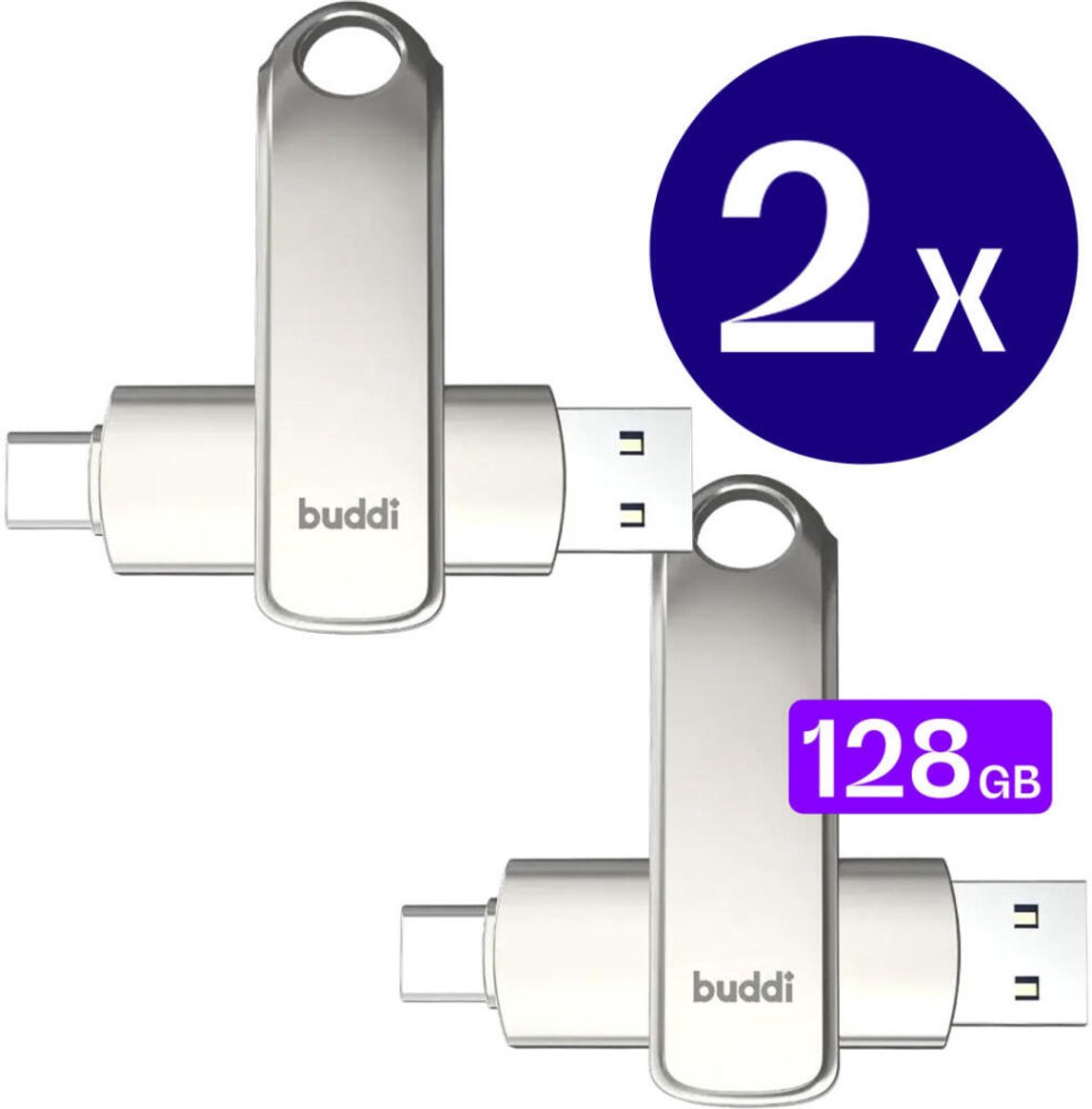 Image of 2-Pack Buddi USB-C Stick 128GB | USB C en USB A | Dual Geheugenstick | USB 3.1 | Plug & Play | Universeel | Geschikt voor smartphones, tablets, PC en meer | Extra opslagruimte | Grijs