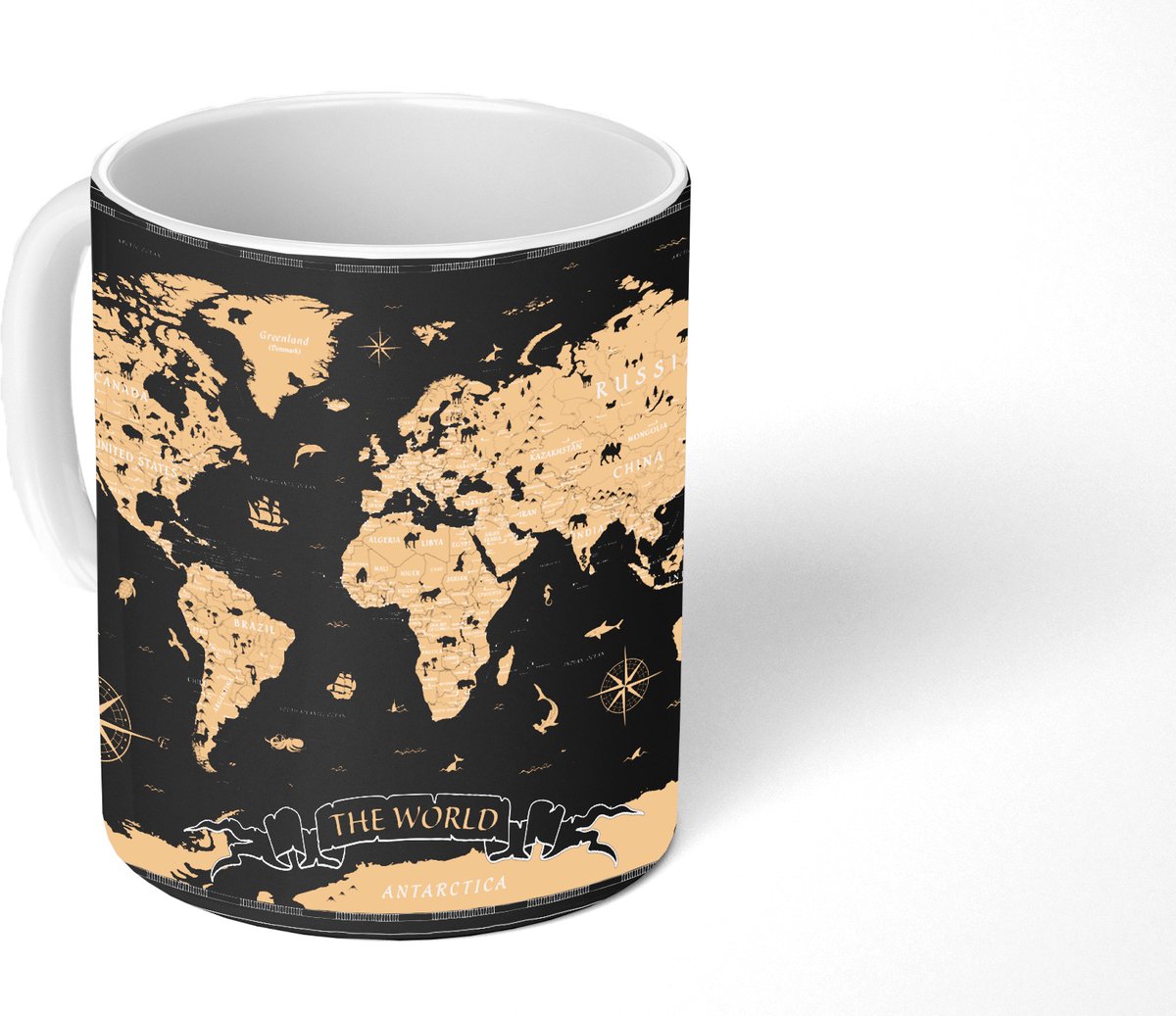 Mok - Koffiemok - Wereldkaart - Beige - Zwart - Mokken - 350 ML - Beker - Koffiemokken - Theemok
