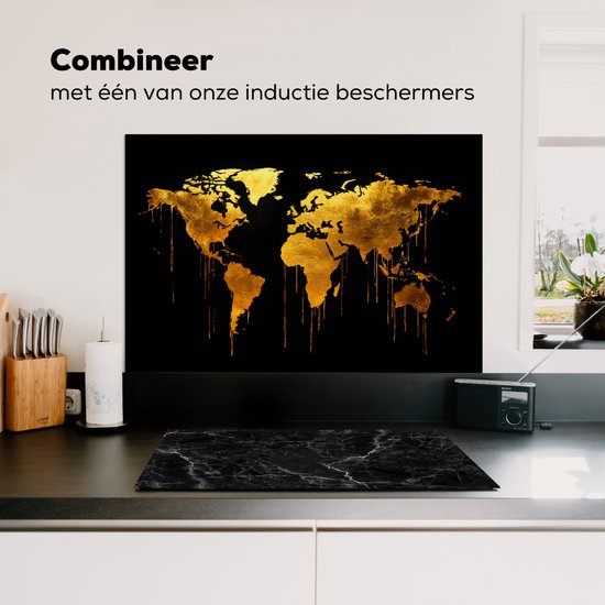 Crédence de Cuisinière en Aluminium 90x60 cm - Carte du monde - or - goutte à goutte - noir - Écran Pare-éclaboussures pour Plaque de Cuisson - Protection Murale