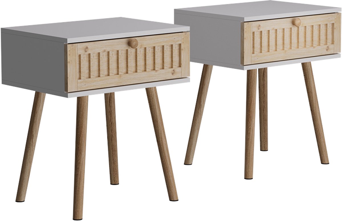 Vicco Holk Nachtkastje – Set van 2 Wit/dennenhout Wit/Pine