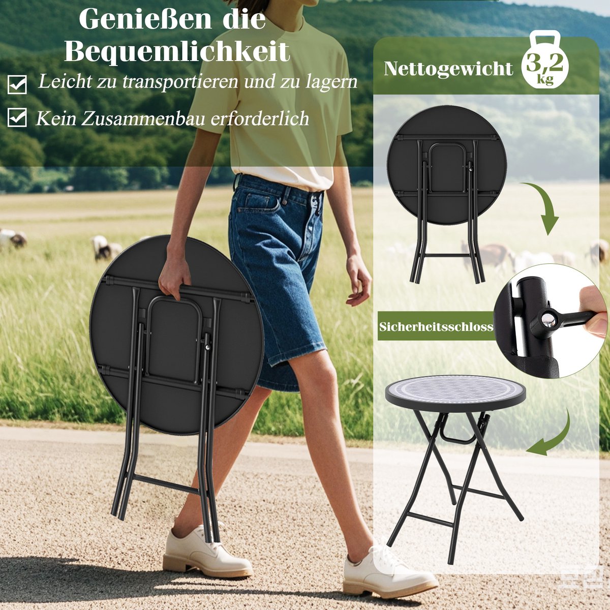 COSTWAY Bijzettafel inklapbaar, kleine klaptafel, tuintafel, ronde balkontafel eettafel voor balkon, tuin, terras, grijs thumbnail 3