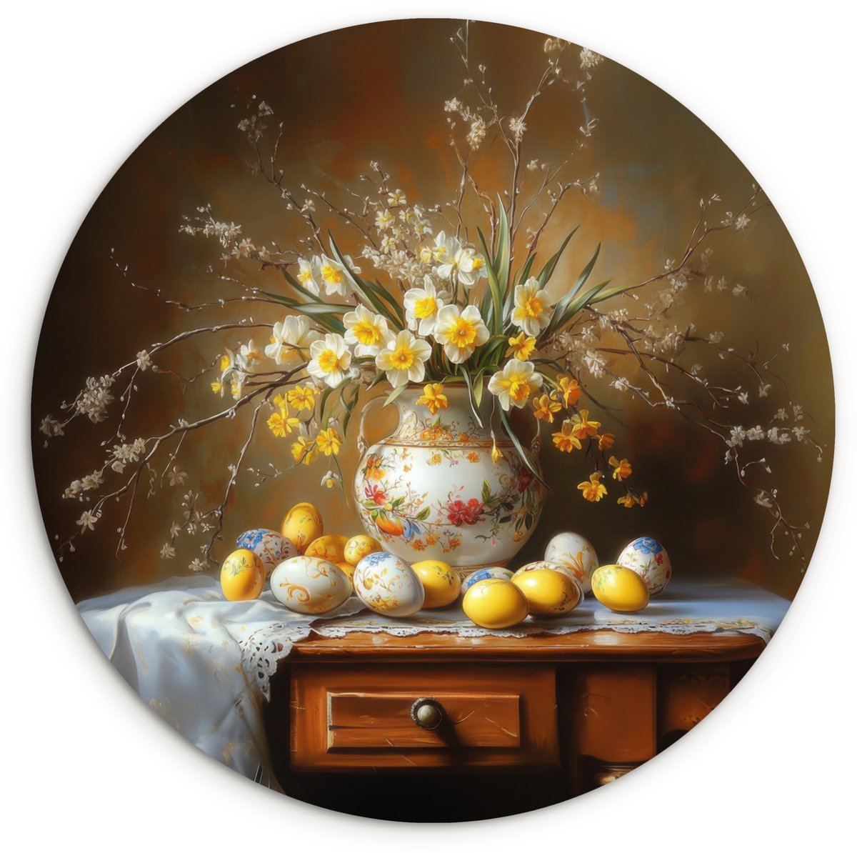 WallCircle Wandcirkel 150x150 cm - Muurcirkel Paaseieren - Stilleven - Vaas - Muurdecoratie woonkamer - Wanddecoratie slaapkamer - Kamer decoratie accessoires - Ronde schilderijen Stilleven - Vintage