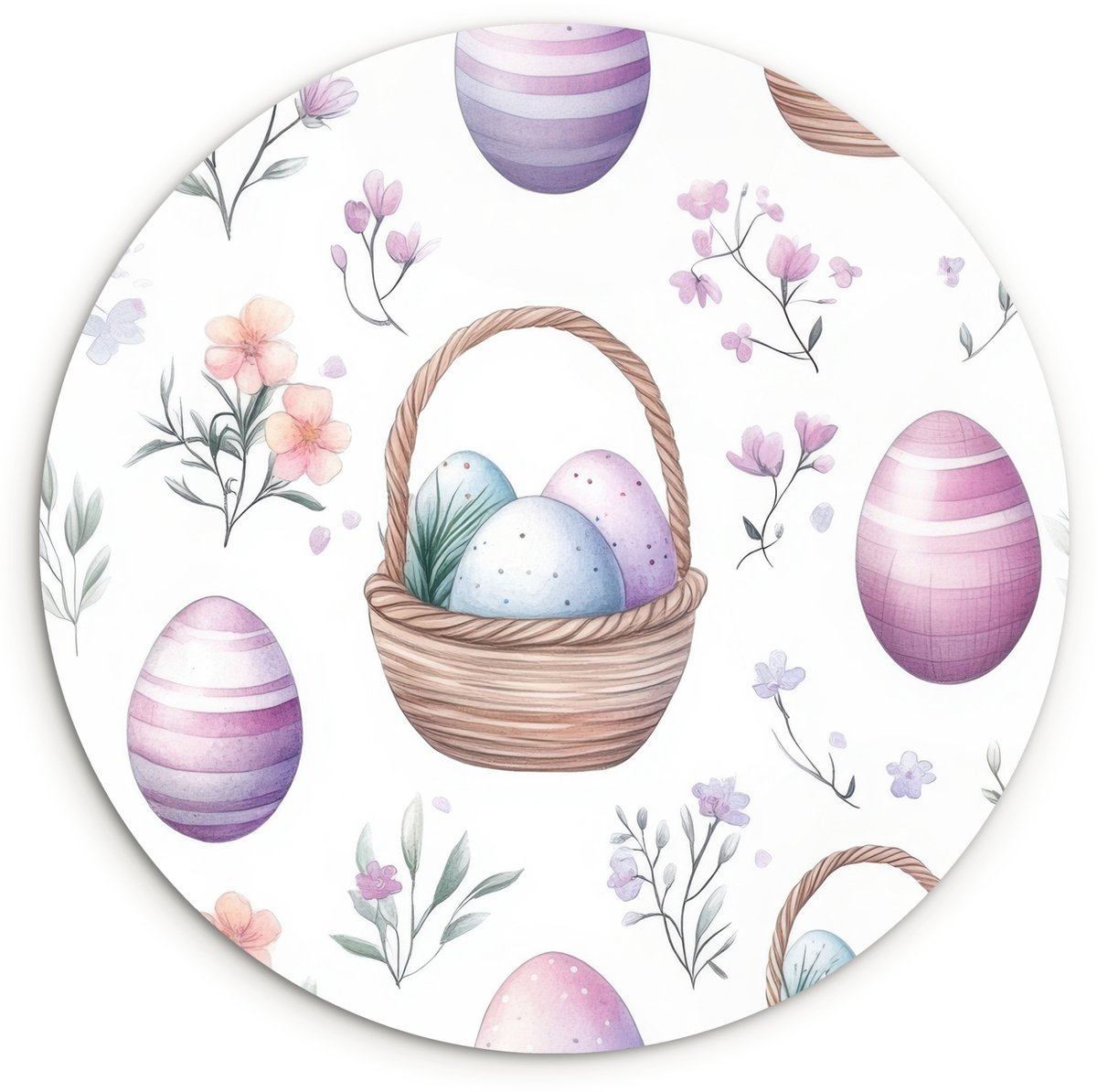 WallCircle Wandcirkel 120x120 cm - Muurcirkel Bloemen - Paaseieren - Patroon - Muurdecoratie woonkamer - Wanddecoratie slaapkamer - Kamer decoratie accessoires - Ronde schilderijen Pasen