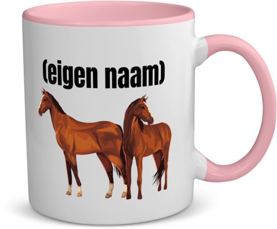 Mug blanc et rose avec le texte "(eigen naam)" et deux chevaux marrons