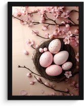 Poster in lijst - Fotolijst 30x40 cm - Posters - Roze - Bloesems - Eieren - Posterlijst zwart - Decoratie - Wanddecoratie woonkamer - Muurdecoratie slaapkamer