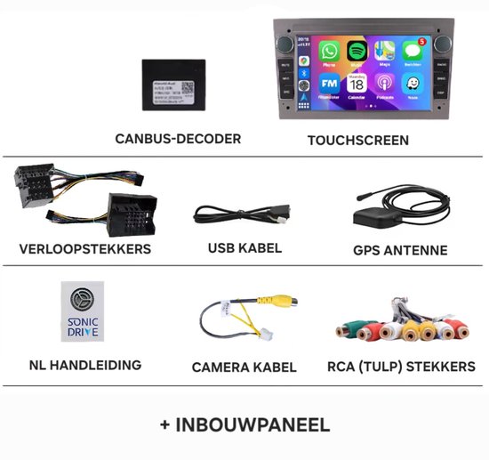 Zilverkleurige autoradio, CANBUS decoder, verloopstekkers, USB kabel, GPS antenne, handleiding, camera kabel en RCA stekkers.