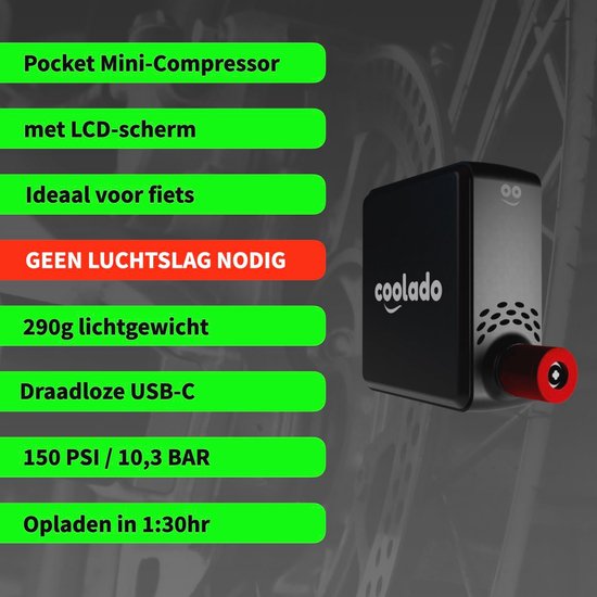Draadloze Mini Compressor met Manometer - Compacte Bandenpomp voor Fiets, Auto en Motor — afbeelding 3