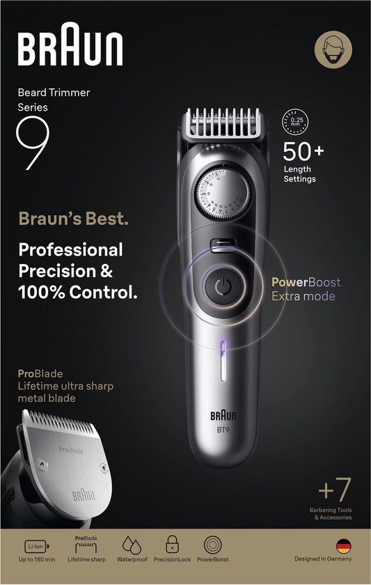 Braun Tondeuse À Barbe Series 9 BT9520 + 7 Outils De Barbier - ProBlade - 52 Longueurs - Chrome