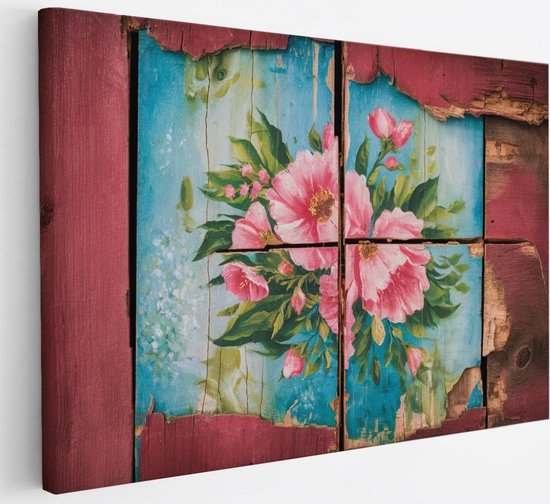 Saammp Canvas Schilderij - Bloemen op hout - Abstract - 60x40 - Foto op canvas - Wanddecoratie - Muurdecoratie Woonkamer - Kantoor Decoratie