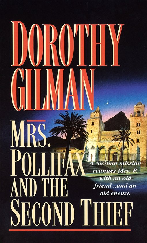 Couverture de livre : 'Mrs. Pollifax and the Second Thief' par Dorothy Gilman. Vue nocturne de la ville avec des bâtiments et des palmiers.