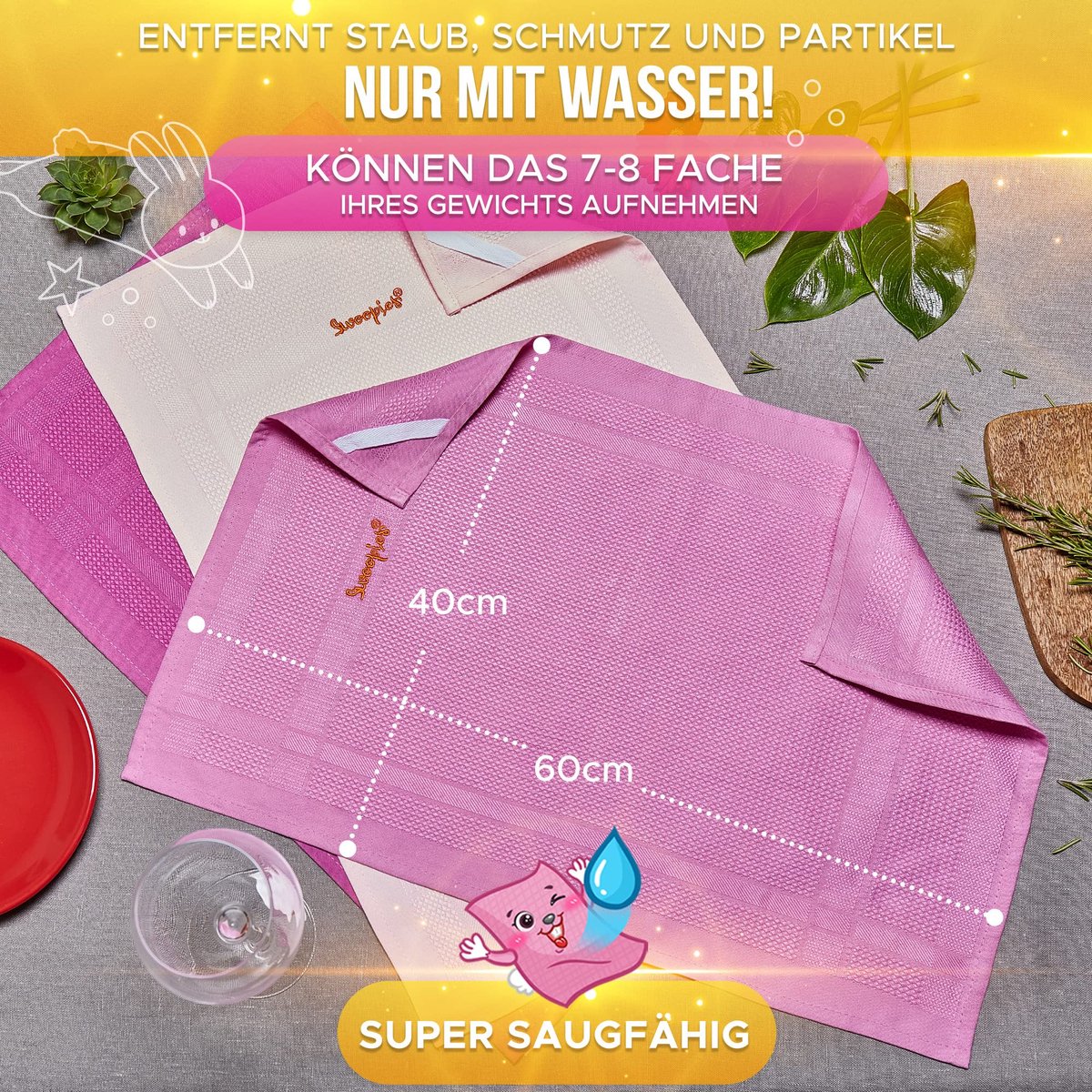 Goedkoopste Swoopies Swoopies® [Set van 3 professionele microvezeldoeken | Langdurige schoonmaakdoeken met alleen waterstrips/pluisvrij | Ultrazachte en grote doeken voor keuken, badkamer, raam, auto | 60x40cm | Roze