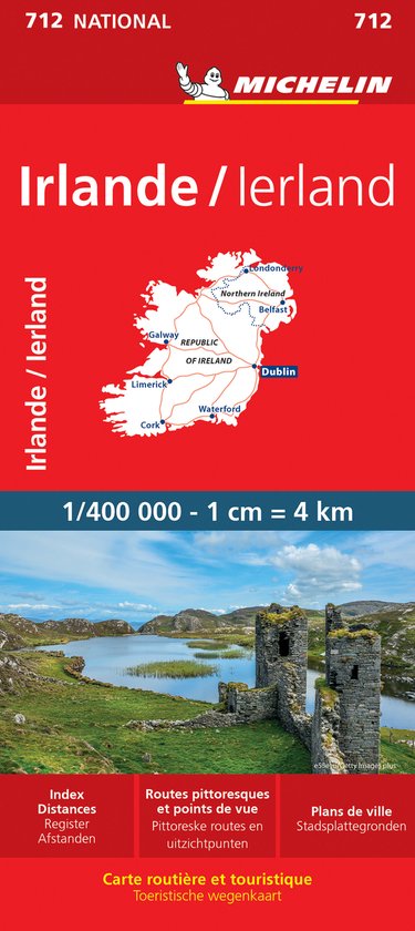 Carte routière Michelin 712 Irlande/lerland à l'échelle 1/400 000. Montre des villes comme Dublin, Belfast, Cork, Limerick, Galway, Waterford. Avec un paysage de ruines et d'eau.