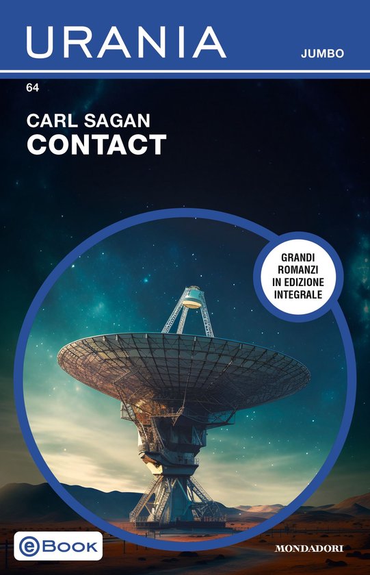 Boek 'Contact' van Carl Sagan, met een grote schotelantenne in de ruimte.