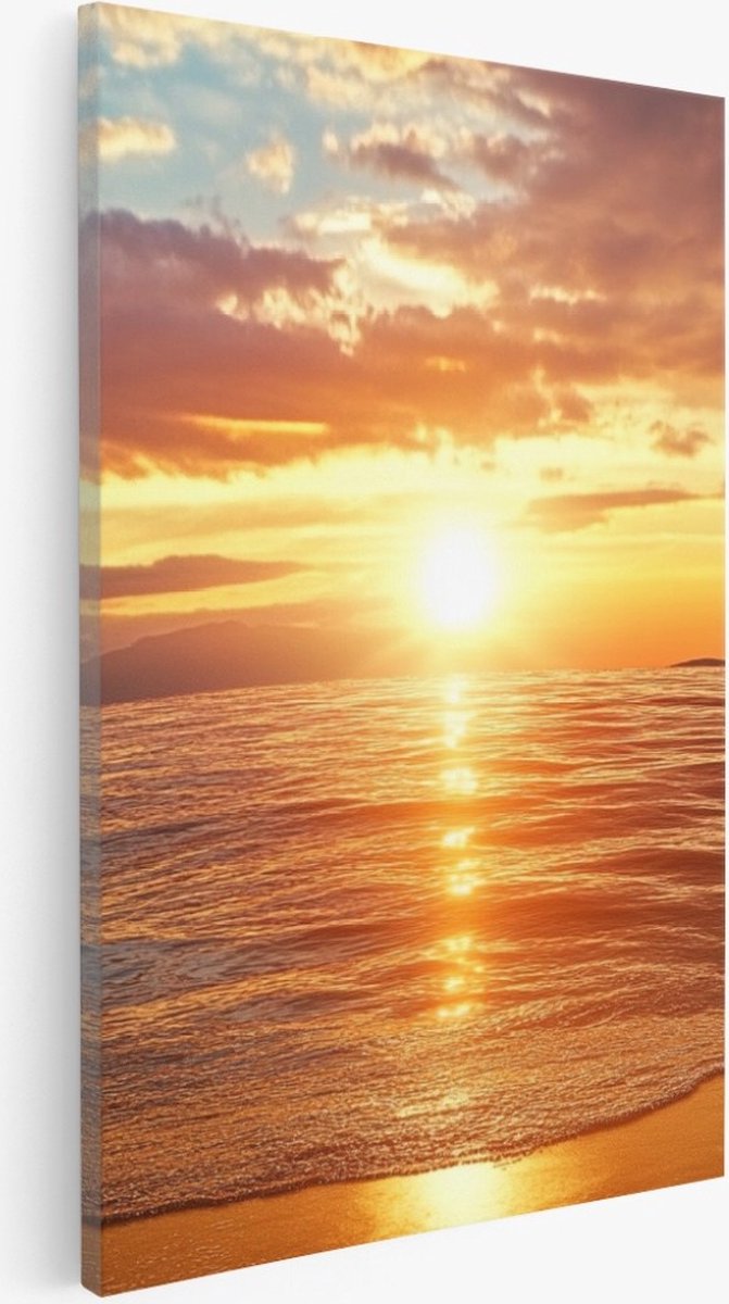 Saammp Canvas Schilderij - Tropisch strand - Zee met zonsondergang - 40x60 - Foto op canvas - Wanddecoratie - muurdecoratie Woonkamer - Slaapkamer decoratie - Canvas Print Multicolor
