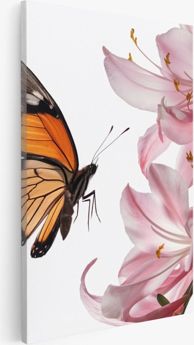 Saammp Canvas Schilderij - Vlinder op roze bloem - Landschap - Natuur - 40x50 - Foto op canvas - Wanddecoratie - Muurdecoratie Woonkamer - Slaapkamer decoratie - Canvas Print Multicolor