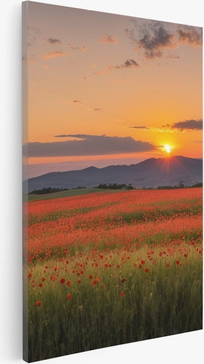 Saammp Canvas Schilderij - Rood bloemenveld met bergachtig landschap - Natuur - 40x50 - Foto op canvas - Wanddecoratie - Muurdecoratie Woonkamer - Slaapkamer decoratie - Canvas Print Multicolor