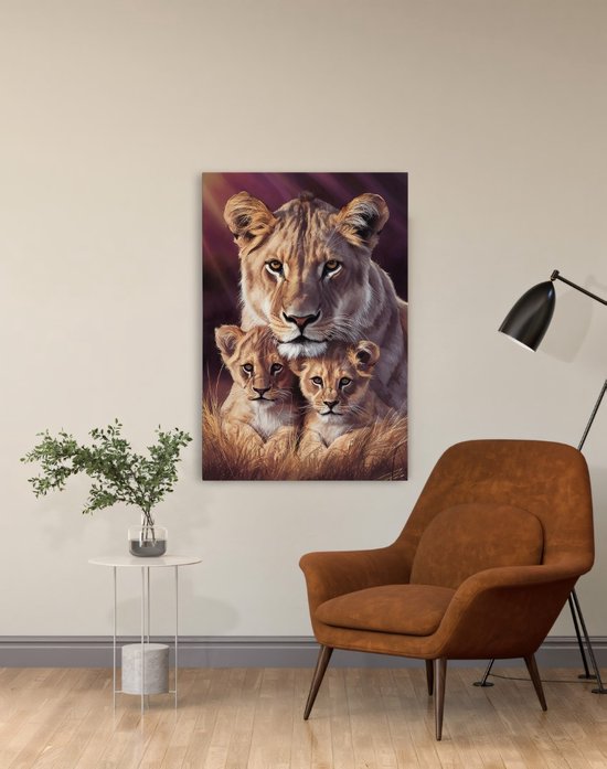 Tableau sur toile Saammp - Lion avec 2 petits - Abstrait - Animaux - 60x90 - Photo sur toile - Décoration murale - Décoration murale Salon - Décoration chambre - Impression sur toile