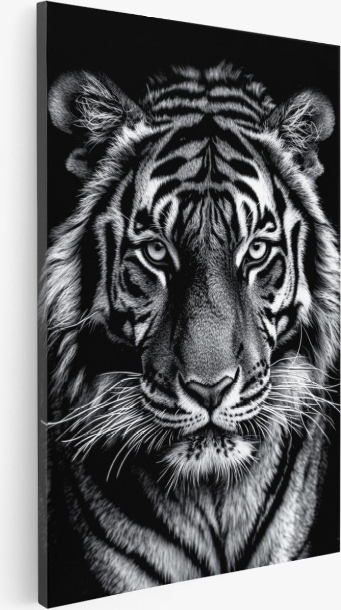 Saammp Canvas Schilderij - Tijger - Zwart-wit - Natuur - Dieren - 30x45 - Foto op canvas - Wanddecoratie - Muurdecoratie Woonkamer - Slaapkamer decoratie - Canvas Print Multicolor
