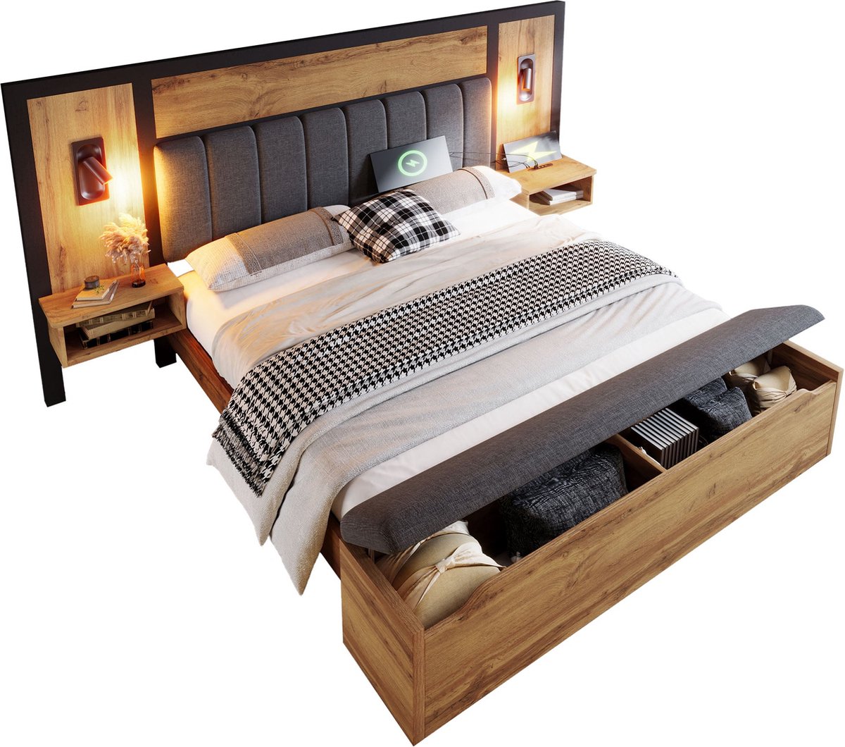 Merax Gestoffeerd Tweepersoonsbed 160x200 cm met Leeslamp – Modern Queensize Bedframe met 