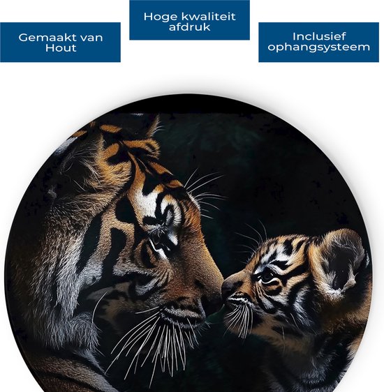 Saammp Muurcirkel Hout - Tijger welp met familie - Natuur - Dieren - Ø 30 - Wandcirkel - Wanddecoratie Cirkel - muurdecoratie Woonkamer - Slaapkamer decoratie - Rond Schilderij