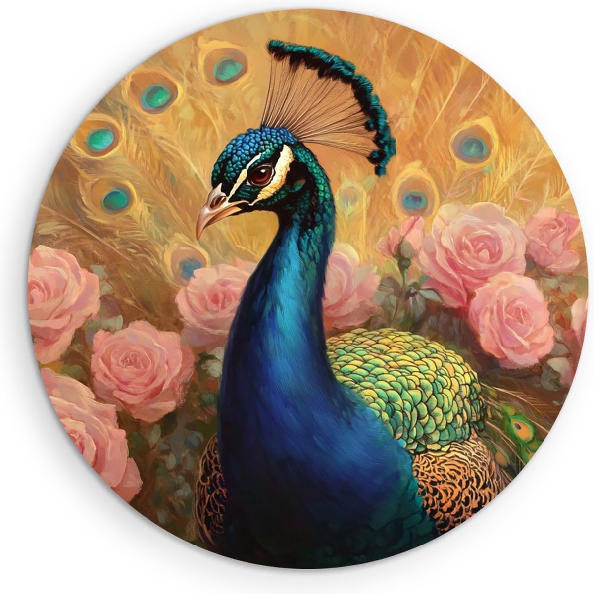 Saammp Muurcirkel Hout - Pauw - Roze Rozen - Bloemen - Dieren - Natuur - Ø 40 - Wandcirkel - Wanddecoratie Cirkel - muurdecoratie Woonkamer - Slaapkamer decoratie - Rond Schilderij