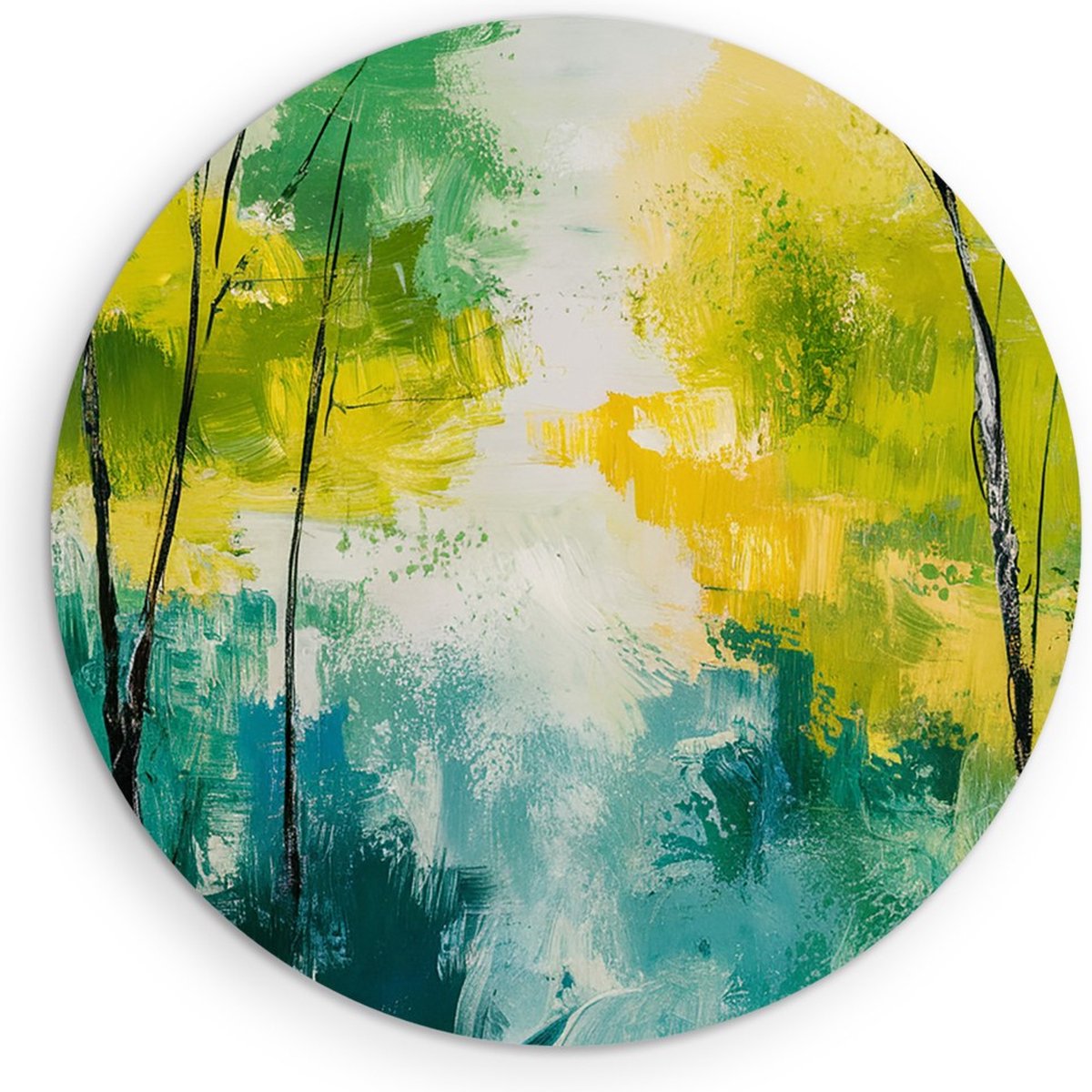 Saammp Forex Muurcirkel - Bomen - Geel -Blauw - Groen - Bloemen - Landschap - Natuur - Ø 70 - Wandcirkel - Wanddecoratie Cirkel - Muurdecoratie Woonkamer - Slaapkamer decoratie - Rond Schilderij