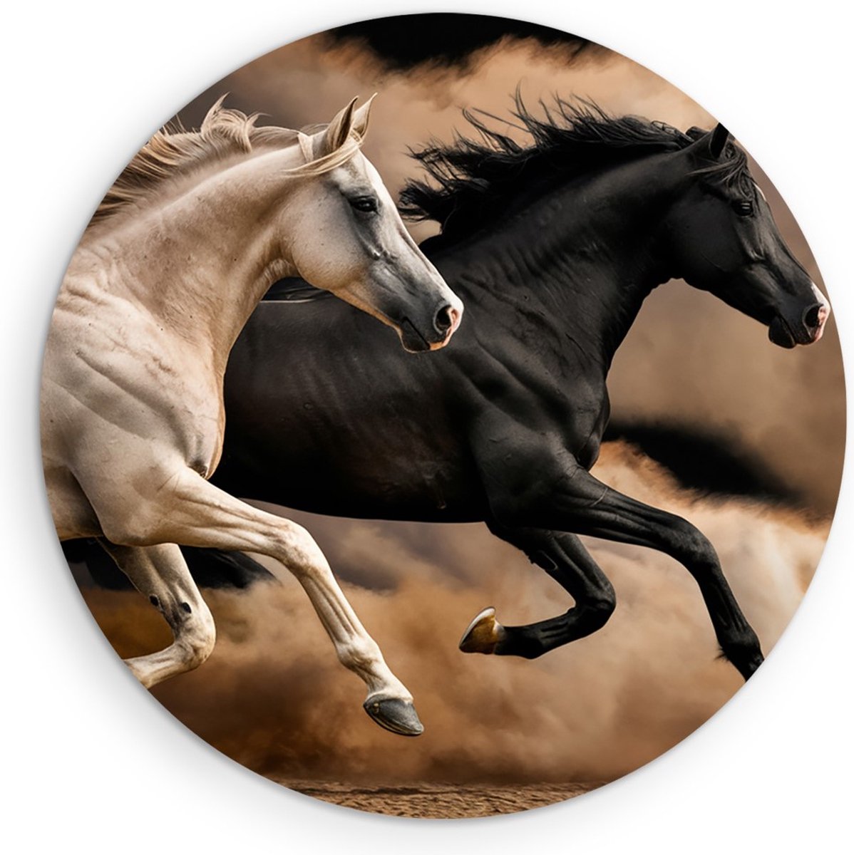 Saammp Forex Muurcirkel - 2 Paarden tussen de stof wolken- Dieren - Natuur - Ø 60 - Wandcirkel - Wanddecoratie Cirkel - muurdecoratie Woonkamer - Slaapkamer decoratie - Rond Schilderij