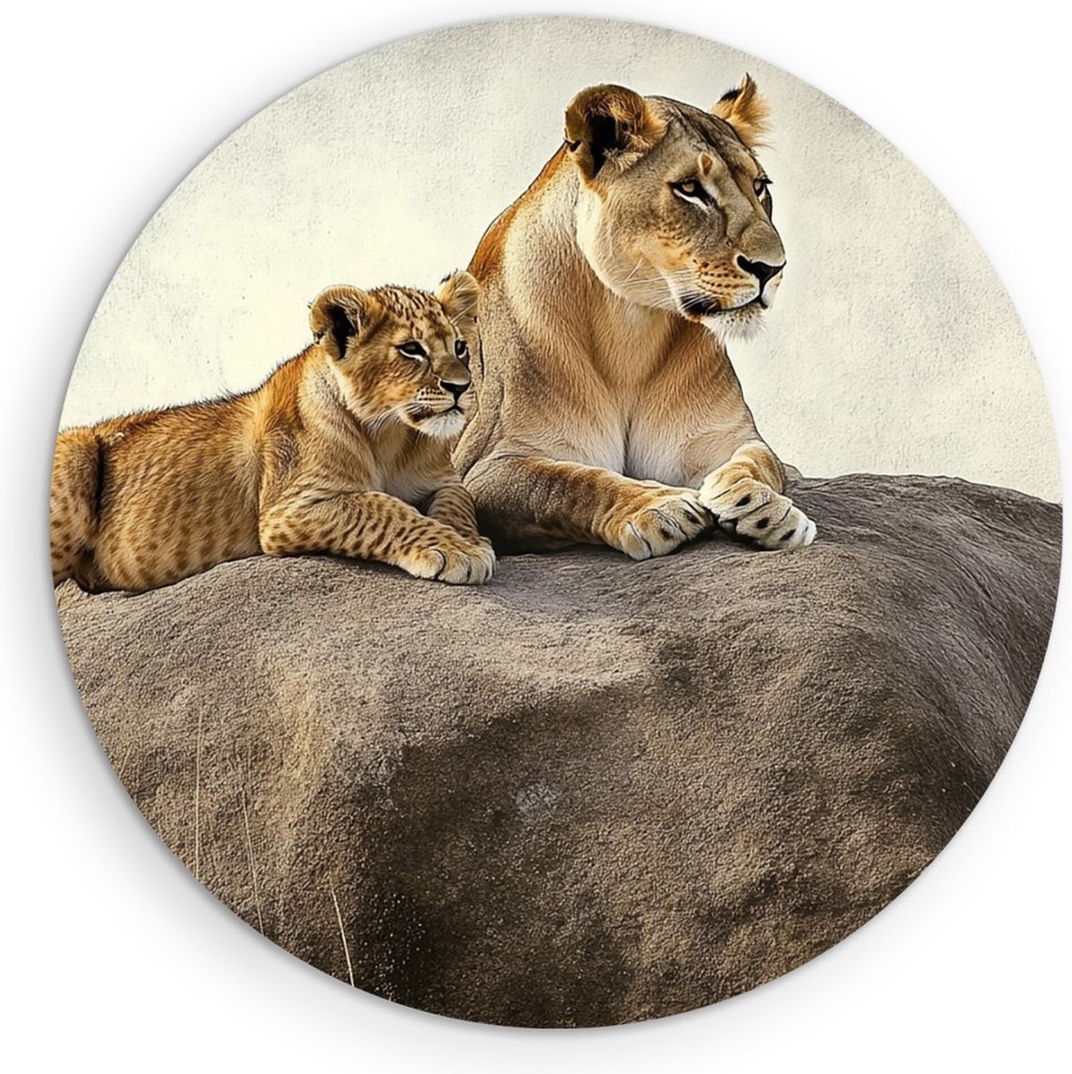 Saammp Forex Muurcirkel - Leeuw met welp op steen - Dieren - Natuur - Ø 30 - Wandcirkel - Wanddecoratie Cirkel - Muurdecoratie Woonkamer - Slaapkamer decoratie - Rond Schilderij