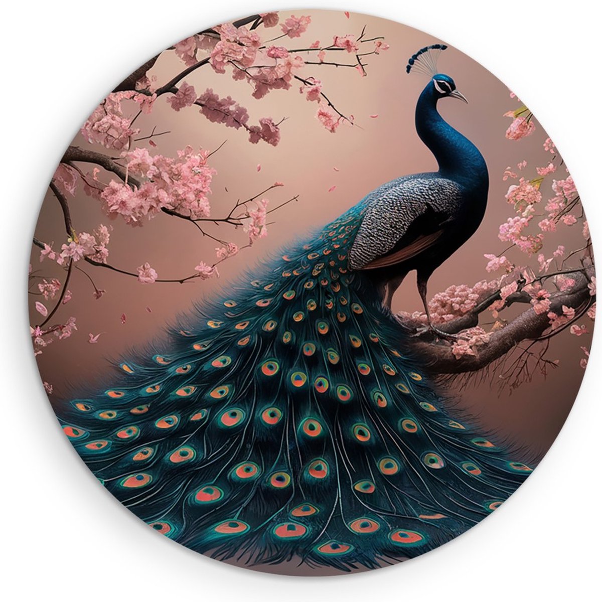 Saammp Forex Muurcirkel - Pauw tussen de roze bloesem - Dieren - Natuur - Ø 80 - Wandcirkel - Wanddecoratie Cirkel - muurdecoratie Woonkamer - Slaapkamer decoratie - Rond Schilderij