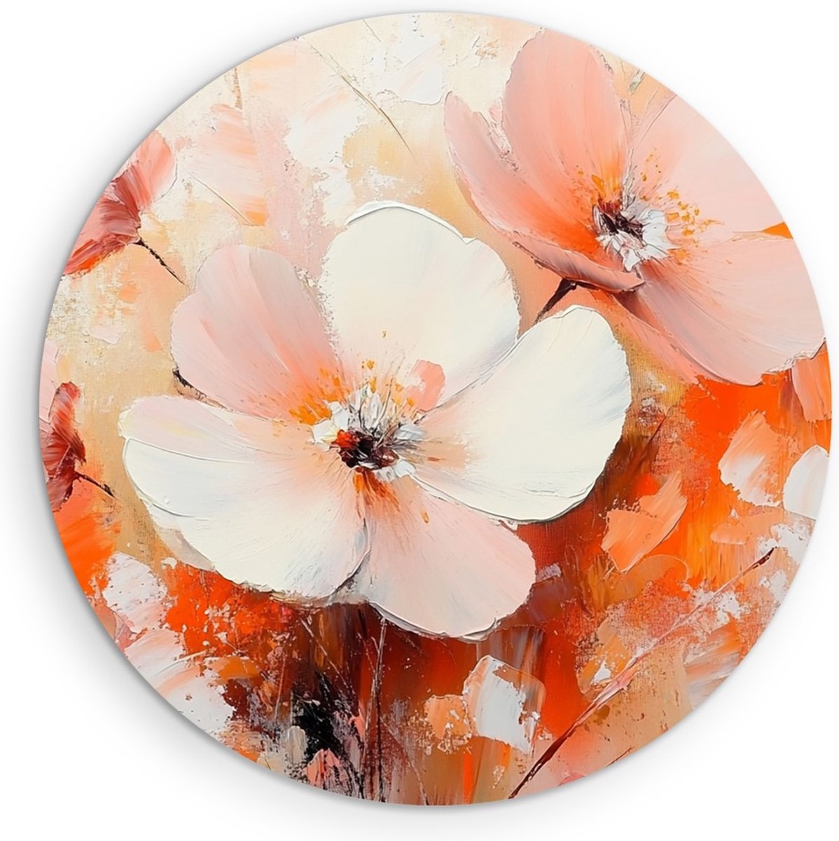 Saammp Forex Muurcirkel - Beige Bloemen met oranje- Natuur - Abstract - Ø 40 - Wandcirkel - Wanddecoratie Cirkel - Modern Interieur - Woonkamer Decoratie