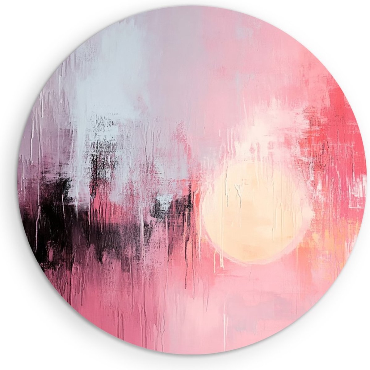 Saammp Muurcirkel Hout - Roze penseelstreken - Abstract kunstwerk - Ø 40 - Wandcirkel - Wanddecoratie Cirkel - Muurdecoratie Woonkamer - Slaapkamer decoratie - Rond Schilderij
