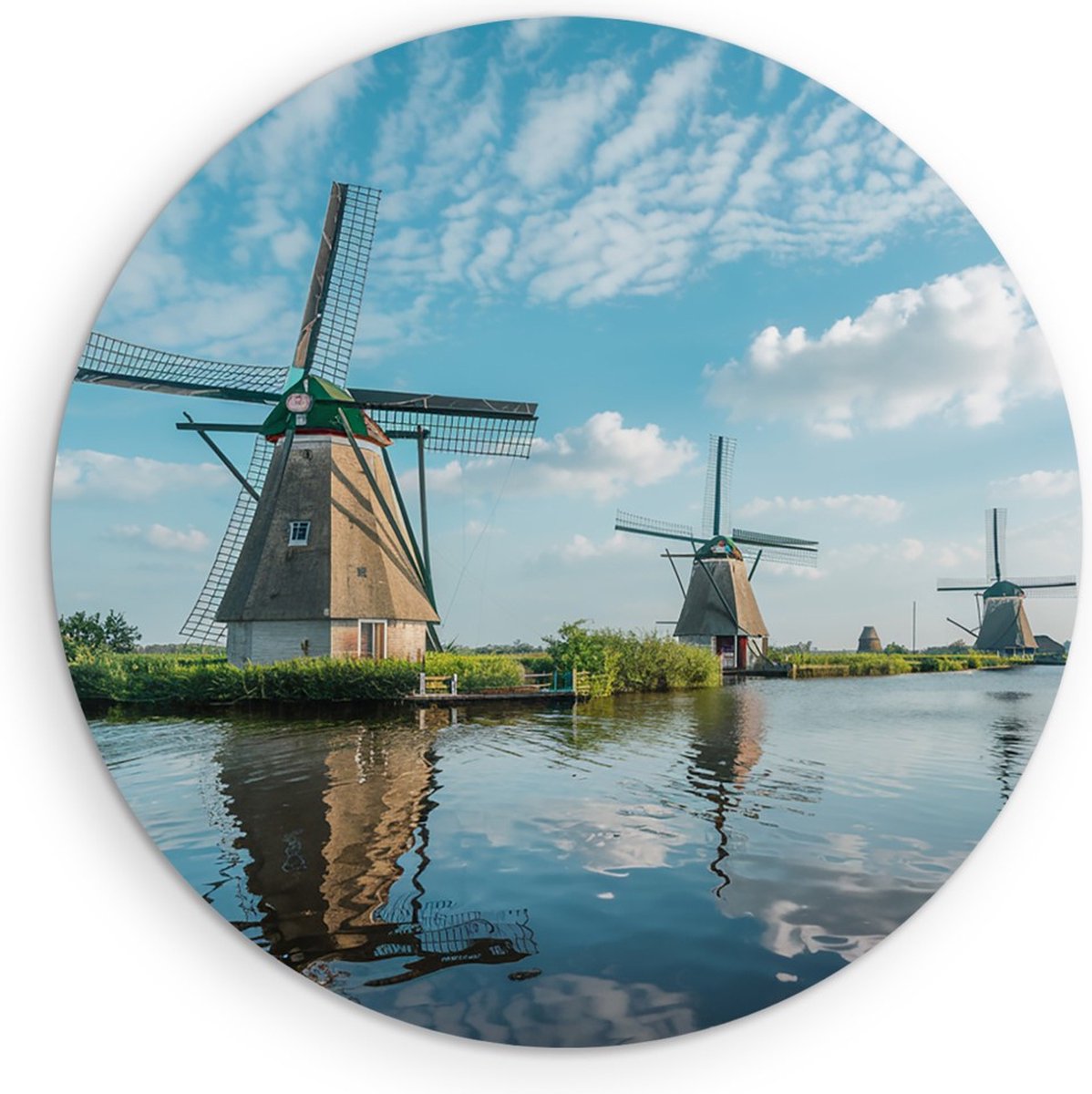 Saammp Muurcirkel Hout -Molens op een rij - Zonsondergang - Landschap - Natuur - Ø 40 - Wandcirkel - Wanddecoratie Cirkel - Muurdecoratie Woonkamer - Slaapkamer decoratie - Rond Schilderij