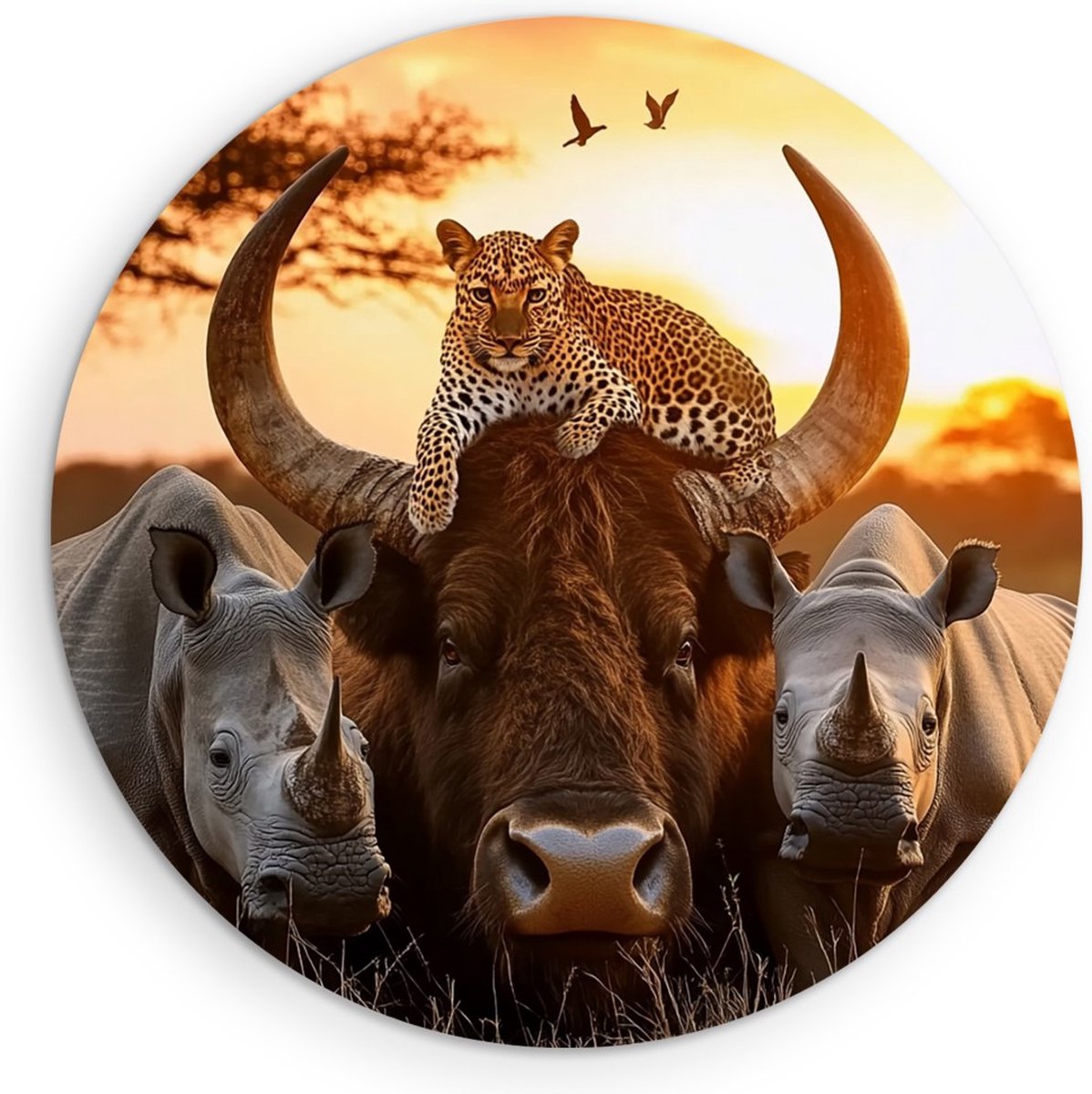 Saammp Muurcirkel Hout - Buffel met neushoorns en panter - Dieren - Abstract - Ø 40 - Wandcirkel - Wanddecoratie Cirkel - Muurdecoratie Woonkamer - Slaapkamer decoratie - Rond Schilderij