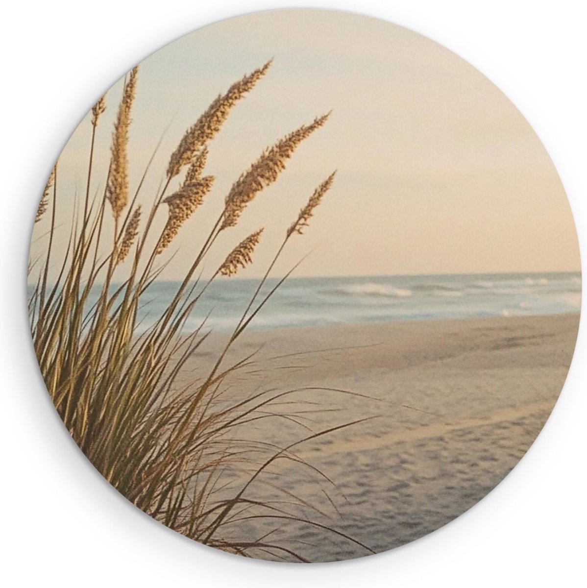 Saammp Muurcirkel Hout - Strand met planten - Zee - Duinen - Ø 90 - Wandcirkel - Wanddecoratie Cirkel - muurdecoratie Woonkamer - Slaapkamer decoratie - Rond Schilderij