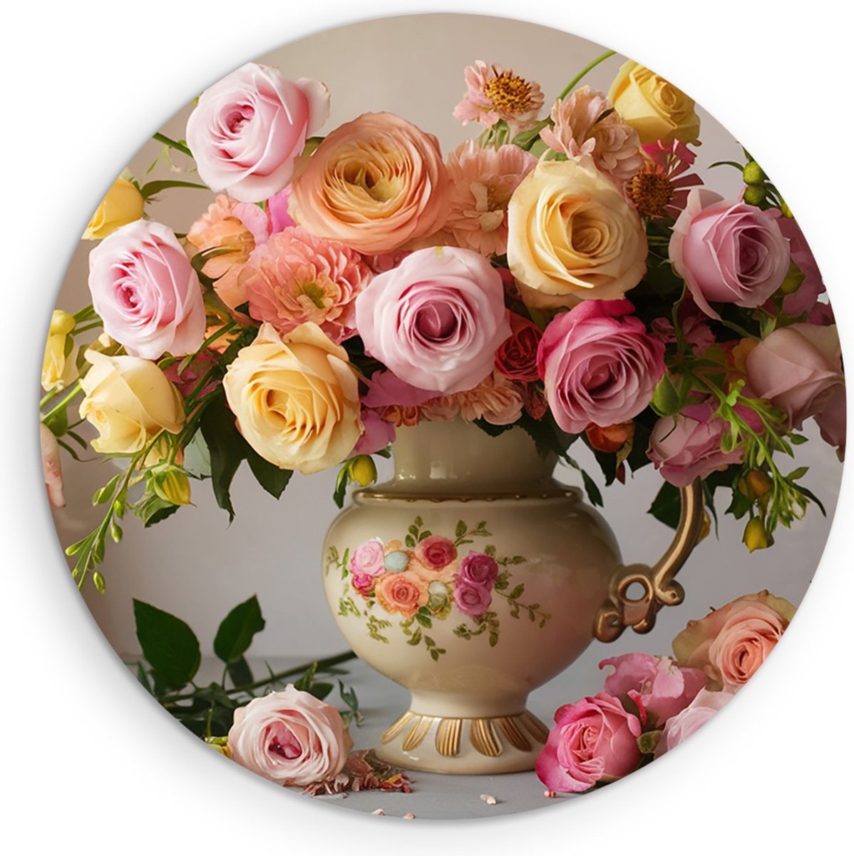 Saammp Muurcirkel Hout - Roze Bloemen in mooie vaas - Abstract - Ø 80 - Wandcirkel - Wanddecoratie Cirkel - Muurdecoratie Woonkamer - Kantoor Decoratie