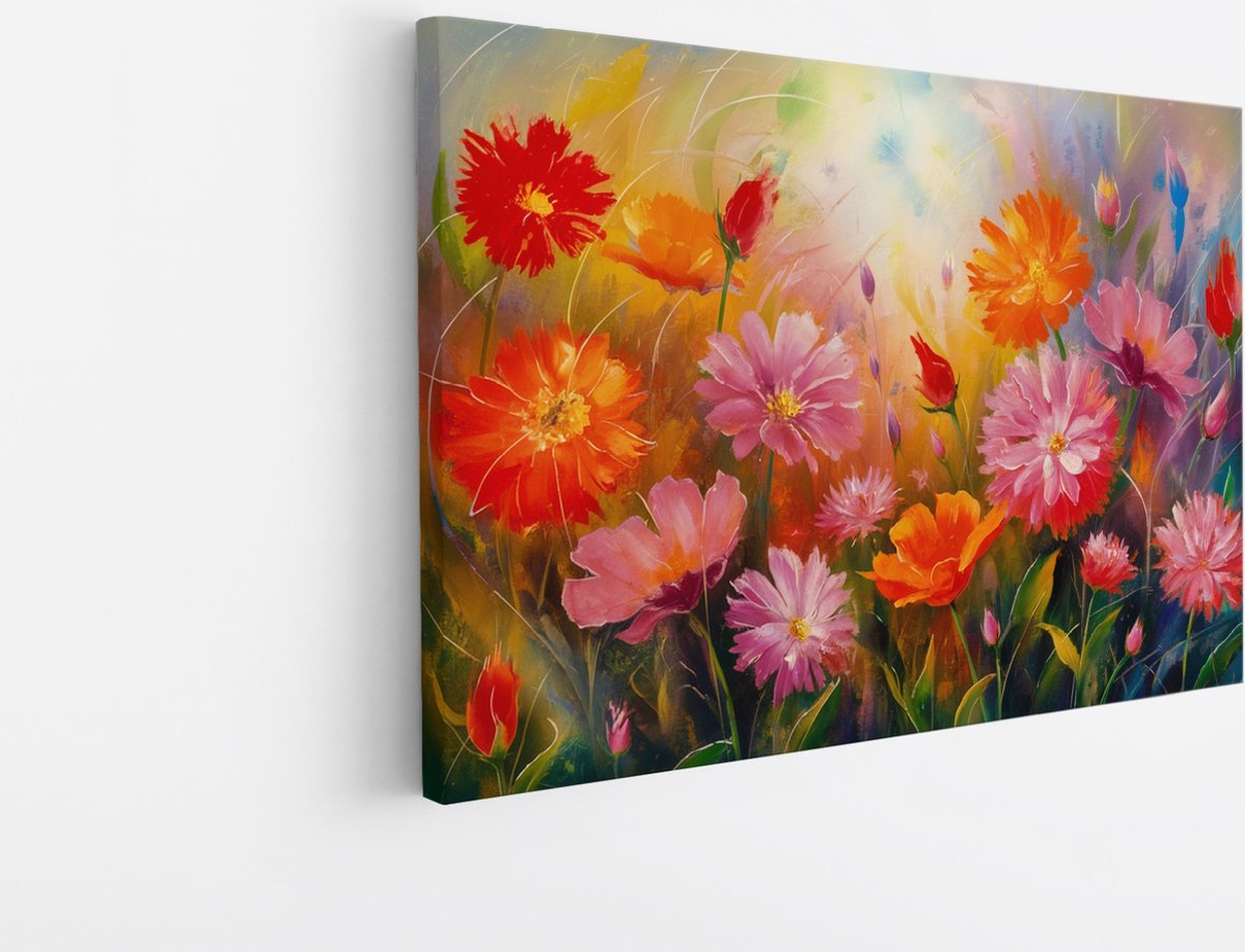 Saammp Canvas Schilderij - Bloemen - Vrolijke Kleuren - Natuur - Abstract - 90x60 - Foto op canvas - Wanddecoratie - Muurdecoratie Woonkamer - Kantoor Decoratie Multicolor