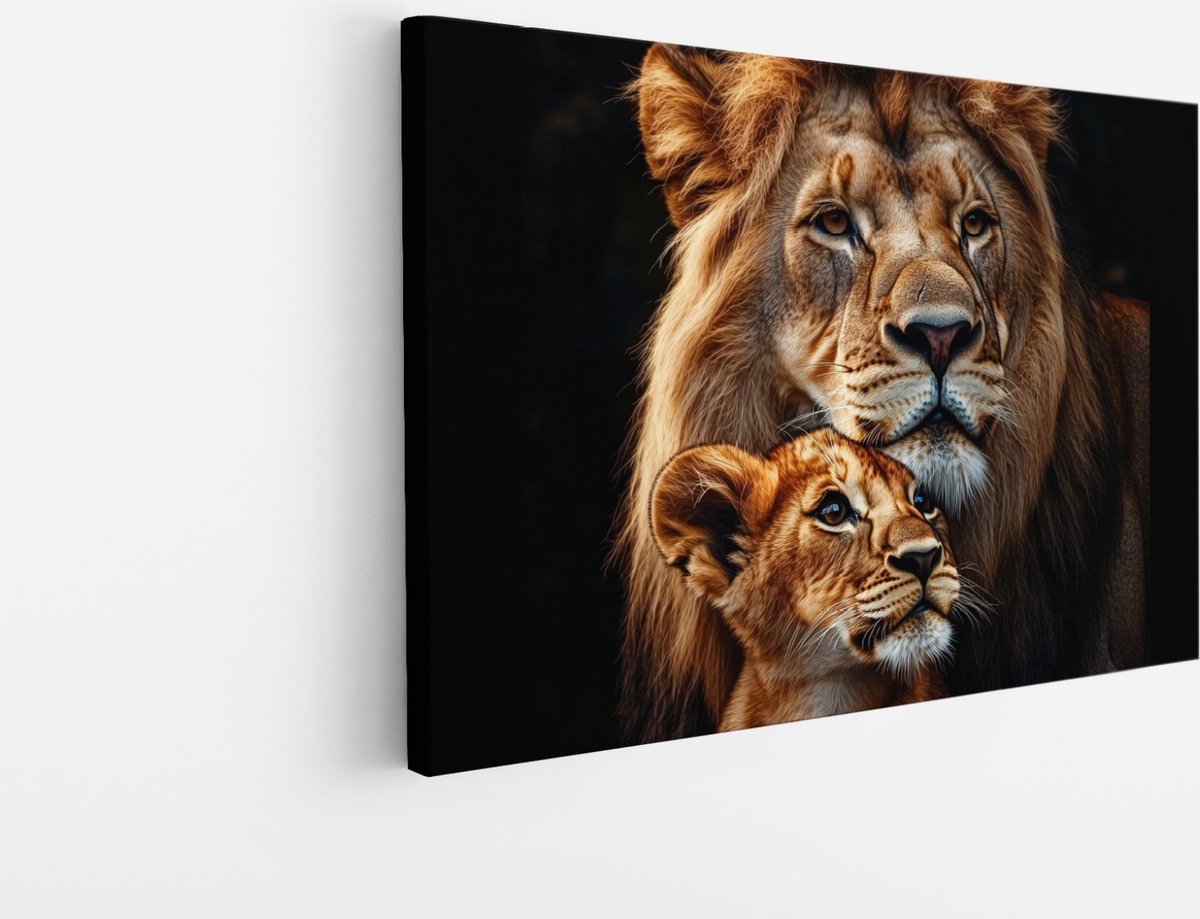 Saammp Canvas Schilderij - Leeuw en welp bij elkaar - Dieren - Natuur - 40x30 - Foto op canvas - Wanddecoratie - Muurdecoratie Woonkamer - Slaapkamer decoratie - Canvas Print Multicolor