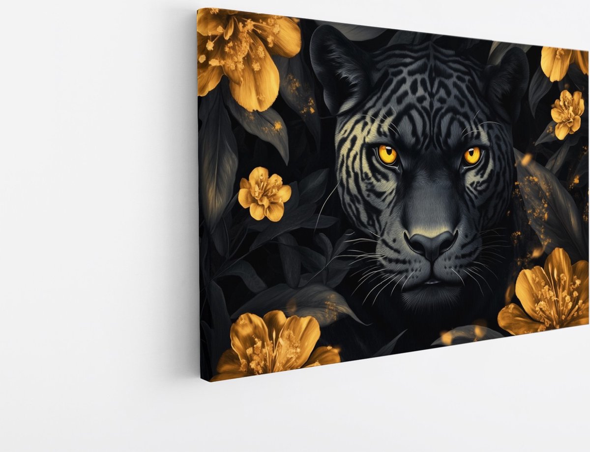 Saammp Canvas Schilderij - Zwarte Panter met goude bloemen- Natuur - Dieren - 100x75 - Foto op canvas - Wanddecoratie - Muurdecoratie Woonkamer - Slaapkamer decoratie - Canvas Print Multicolor