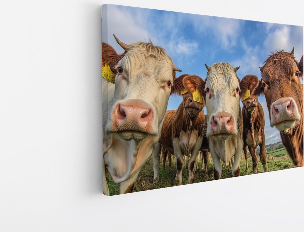 Saammp Canvas Schilderij - Koeien van dichtbij in de wei - Dieren - Natuur - 100x75 - Foto op canvas - Wanddecoratie - Muurdecoratie Woonkamer - Slaapkamer decoratie - Canvas Print Multicolor