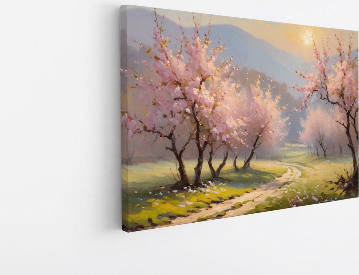 Saammp Canvas Schilderij - Roze bomen in landschap - Abstract - 40x30 - Foto op canvas - Wanddecoratie - Muurdecoratie Woonkamer - Kantoor Decoratie Multicolor