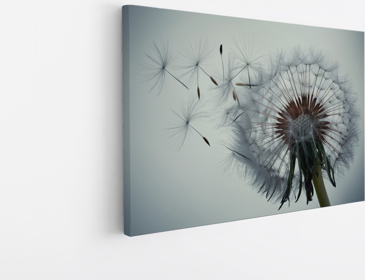 Saammp Canvas Schilderij - Dandelion met zaadjes in de wind - Natuur - Bloemen - 40x30 - Foto op canvas - Wanddecoratie - Muurdecoratie Woonkamer - Kantoor Decoratie Multicolor