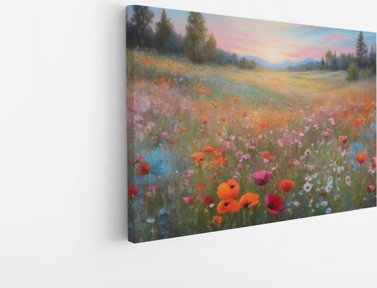 Saammp Canvas Schilderij - Bloemenveld - Natuur - Landschap - 50x40 - Foto op canvas - Wanddecoratie - Muurdecoratie Woonkamer - Slaapkamer decoratie - Canvas Print